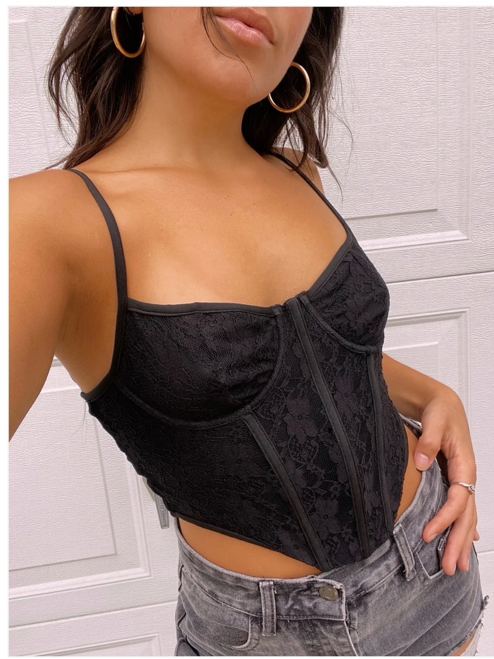 Black Lace Underwire Corset Bustier Top Lace Up Back